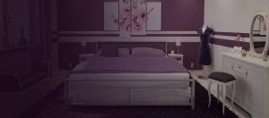 Background for bedroom interior design category showing bed, mirror and artwork