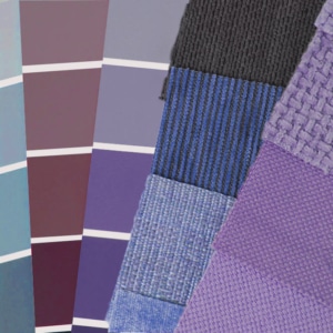 Purple and blue paint and fabric swatches