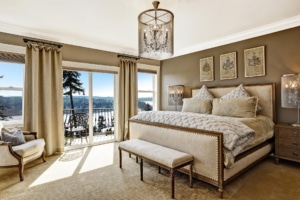 Background of bedroom interior with deck overlooking view